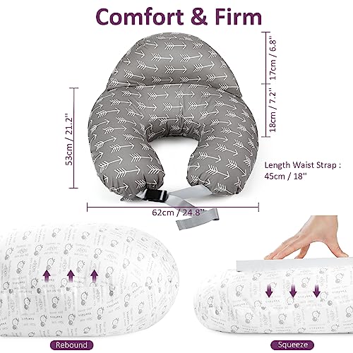 Yoofoss Nursing Pillow for Breastfeeding, Plus Size Ergonomic Breastfeeding Pillows, Breast Feeding Pillows for Mom and Baby with Adjustable Waist Strap, Removable Cover and Security Fence, Arrow Grey