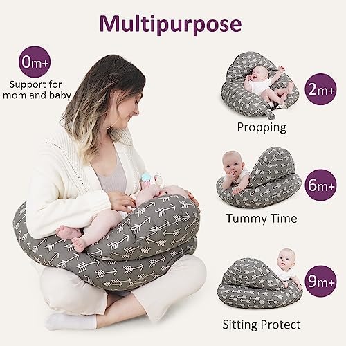 Yoofoss Nursing Pillow for Breastfeeding, Plus Size Ergonomic Breastfeeding Pillows, Breast Feeding Pillows for Mom and Baby with Adjustable Waist Strap, Removable Cover and Security Fence, Arrow Grey