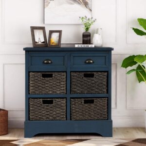 fransoul rustic storage cabinet with 2 drawers and 4 classic rattan basket buffet sideboard for kitchen/dining entryway/living room/home,antique navy