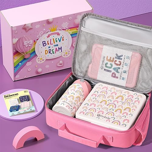 Fimibuke Kids Bento Lunch Box with 4 Compartments, Insulated lunch Bag, Stainless Steel Insulated Water Bottle, Ice Pack & Utensils, Birthday Gifts for Ages 3-12 Back to School Toddler Girls Boys