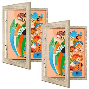 wuirccx 8.5x11 kids art frame,front opening with hd glass,horizontal and vertical art display for kids artwork,photos,crafts,drawing(light wood grain,2-pack)