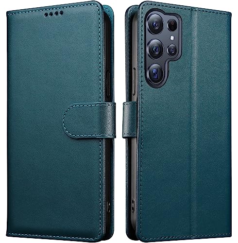 iWEOCO Samsung S23 Ultra Case Wallet Flip Genuine Leather with Anti-Theft RFID Blocking Stand Strong Magnetic Clasp Closure Cash Card Slots Protective Samsung S23 Ultra Case (S23 Ultra, Emerald Green)