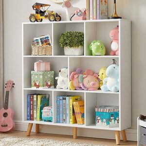 3-tier bookshelf, 8-section wooden bookcase, storage organizer with pine legs, modern storage display cabinet for living room, classroom, kid’s room (white)