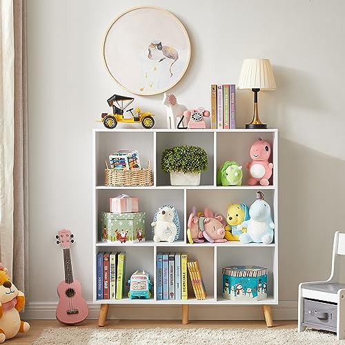 3-Tier Bookshelf, 8-Section Wooden Bookcase, Storage Organizer with Pine Legs, Modern Storage Display Cabinet for Living Room, Classroom, Kid’s Room (White)