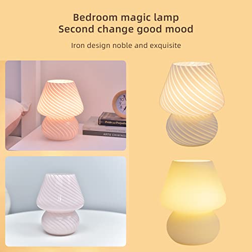 TITA-DONG Mushroom Lamp Glass Table Lamp Vintage Style Translucent Striped Night Light Dimmable Bedside Lamp with 3 Color Modes and Remote Small Cute USB Night Light for Bedroom(Pink)