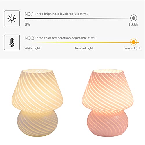 TITA-DONG Mushroom Lamp Glass Table Lamp Vintage Style Translucent Striped Night Light Dimmable Bedside Lamp with 3 Color Modes and Remote Small Cute USB Night Light for Bedroom(Pink)