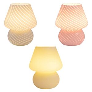 TITA-DONG Mushroom Lamp Glass Table Lamp Vintage Style Translucent Striped Night Light Dimmable Bedside Lamp with 3 Color Modes and Remote Small Cute USB Night Light for Bedroom(Pink)