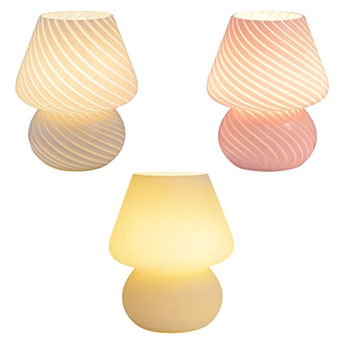 TITA-DONG Mushroom Lamp Glass Table Lamp Vintage Style Translucent Striped Night Light Dimmable Bedside Lamp with 3 Color Modes and Remote Small Cute USB Night Light for Bedroom(Pink)