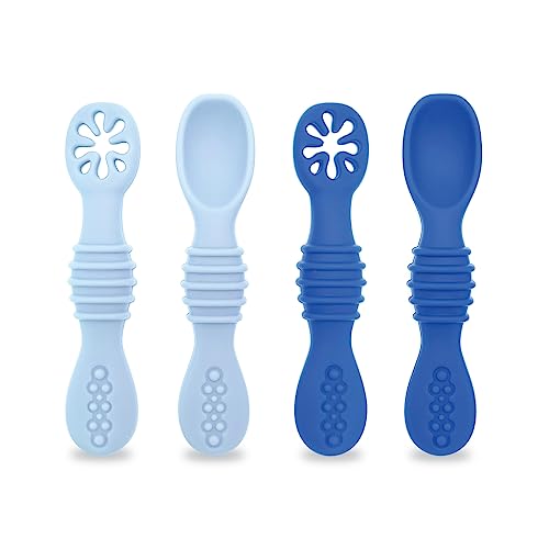 JuLe Self Feeding Baby Spoon Set (NEW Pre-Stage 1 + Stage 1) Silicon, Infant, Toddler, Weaning (Navy/Dusk, Set of 4)