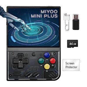 miyoo mini plus retro handheld game console,retro game emulator console for adults and children,3.5" ips screen,64gb tf card 10,000+ games,portable rechargeable open source,support wifi (black)