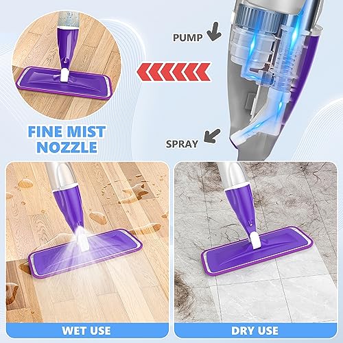 Spray Mops for Floor Cleaning Microfiber Floor Mop for Hardwood Floors Wet Dust Mop Flat Mop Floor Cleaner Mop with 4 Washable Pads 440 Ml Refillable Bottle for Wood Floor Tile Laminate Vinyl Kitchen