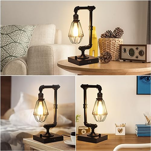Lodstob Steampunk Lamp, Fully Stepless Dimmable Industrial Table Lamp with Dual USB Ports, Vintage Rustic Desk Lamp for Bedroom, Office, Living Room (Bulb Included)
