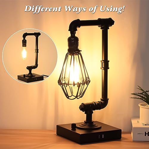 Lodstob Steampunk Lamp, Fully Stepless Dimmable Industrial Table Lamp with Dual USB Ports, Vintage Rustic Desk Lamp for Bedroom, Office, Living Room (Bulb Included)