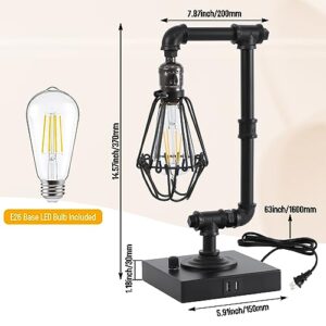 Lodstob Steampunk Lamp, Fully Stepless Dimmable Industrial Table Lamp with Dual USB Ports, Vintage Rustic Desk Lamp for Bedroom, Office, Living Room (Bulb Included)