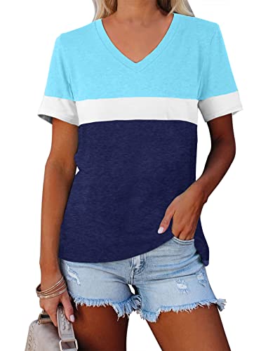 Summer Tops for Women 2023 Trendy Casual V Neck Tshirts Short Sleeve Tunics Shirts to Wear with Leggings Fashion Clothes Plus Size Loose Fit Tees Lightsky Blue Large