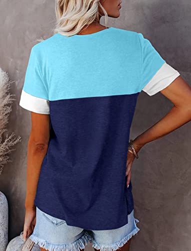 Summer Tops for Women 2023 Trendy Casual V Neck Tshirts Short Sleeve Tunics Shirts to Wear with Leggings Fashion Clothes Plus Size Loose Fit Tees Lightsky Blue Large