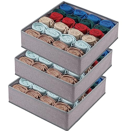 Cawek 3 Pack Fabric Underwear Organizer Dividers， Foldable Drawer under cabinet organizer Storage Boxes for Socks，Underwear, （Grey）