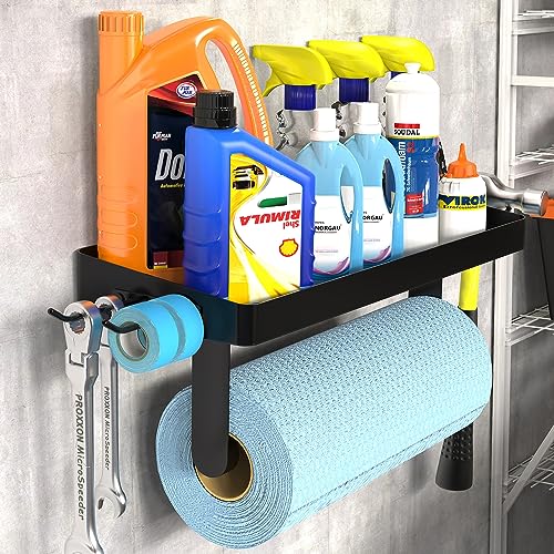 ZUNTO Garage Paper Towel Holder with Shelf - Paper Towel Holder Wall Mount, Garage Organization and Storage, Stainless Steel Paper Towel Rack with Hooks for Kitchen (Black)