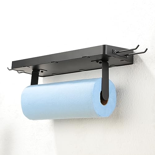 ZUNTO Garage Paper Towel Holder with Shelf - Paper Towel Holder Wall Mount, Garage Organization and Storage, Stainless Steel Paper Towel Rack with Hooks for Kitchen (Black)