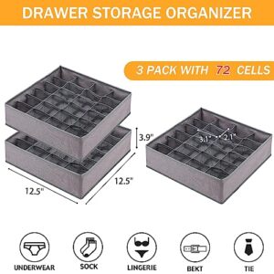 Cawek 3 Pack Fabric Underwear Organizer Dividers， Foldable Drawer under cabinet organizer Storage Boxes for Socks，Underwear, （Grey）