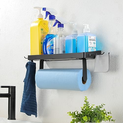 ZUNTO Garage Paper Towel Holder with Shelf - Paper Towel Holder Wall Mount, Garage Organization and Storage, Stainless Steel Paper Towel Rack with Hooks for Kitchen (Black)