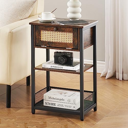 J-yaamiZz End Table with Charging Station, USB Ports & Outlets, Drawer and 2-Tier Storage Shelf, Side Table for Living Room, Foyer, Bedroom (Vintage Brown)