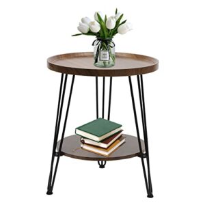 round end table, small side table with storage shelf, 2-tier circular rustic vintage table, solid telephone table nightstand for living room bedroom entryway, black metal leg and walnut boards