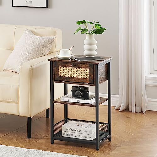 J-yaamiZz End Table with Charging Station, USB Ports & Outlets, Drawer and 2-Tier Storage Shelf, Side Table for Living Room, Foyer, Bedroom (Vintage Brown)