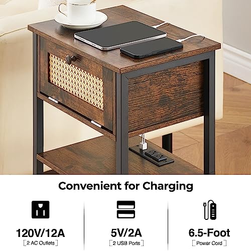 J-yaamiZz End Table with Charging Station, USB Ports & Outlets, Drawer and 2-Tier Storage Shelf, Side Table for Living Room, Foyer, Bedroom (Vintage Brown)