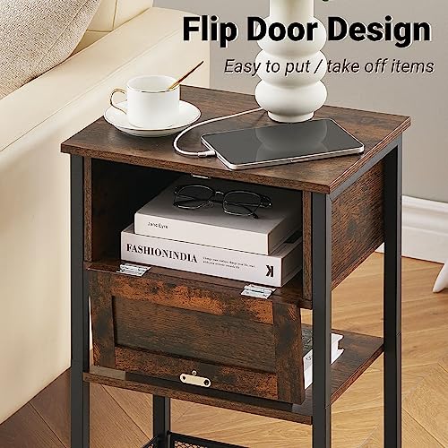 J-yaamiZz End Table with Charging Station, USB Ports & Outlets, Drawer and 2-Tier Storage Shelf, Side Table for Living Room, Foyer, Bedroom (Vintage Brown)