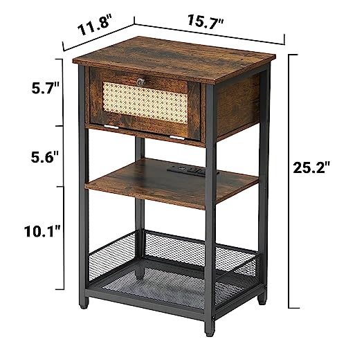 J-yaamiZz End Table with Charging Station, USB Ports & Outlets, Drawer and 2-Tier Storage Shelf, Side Table for Living Room, Foyer, Bedroom (Vintage Brown)