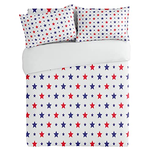 Possta Decor 3 Pieces Duvet Cover Set Independence Day Red Blue Stars Seamless,Soft Quilt Covers and Pillow Cases,American Flag Pentagram Microfiber Bed Sets for Bedroom All Seasons Use