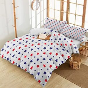 Possta Decor 3 Pieces Duvet Cover Set Independence Day Red Blue Stars Seamless,Soft Quilt Covers and Pillow Cases,American Flag Pentagram Microfiber Bed Sets for Bedroom All Seasons Use