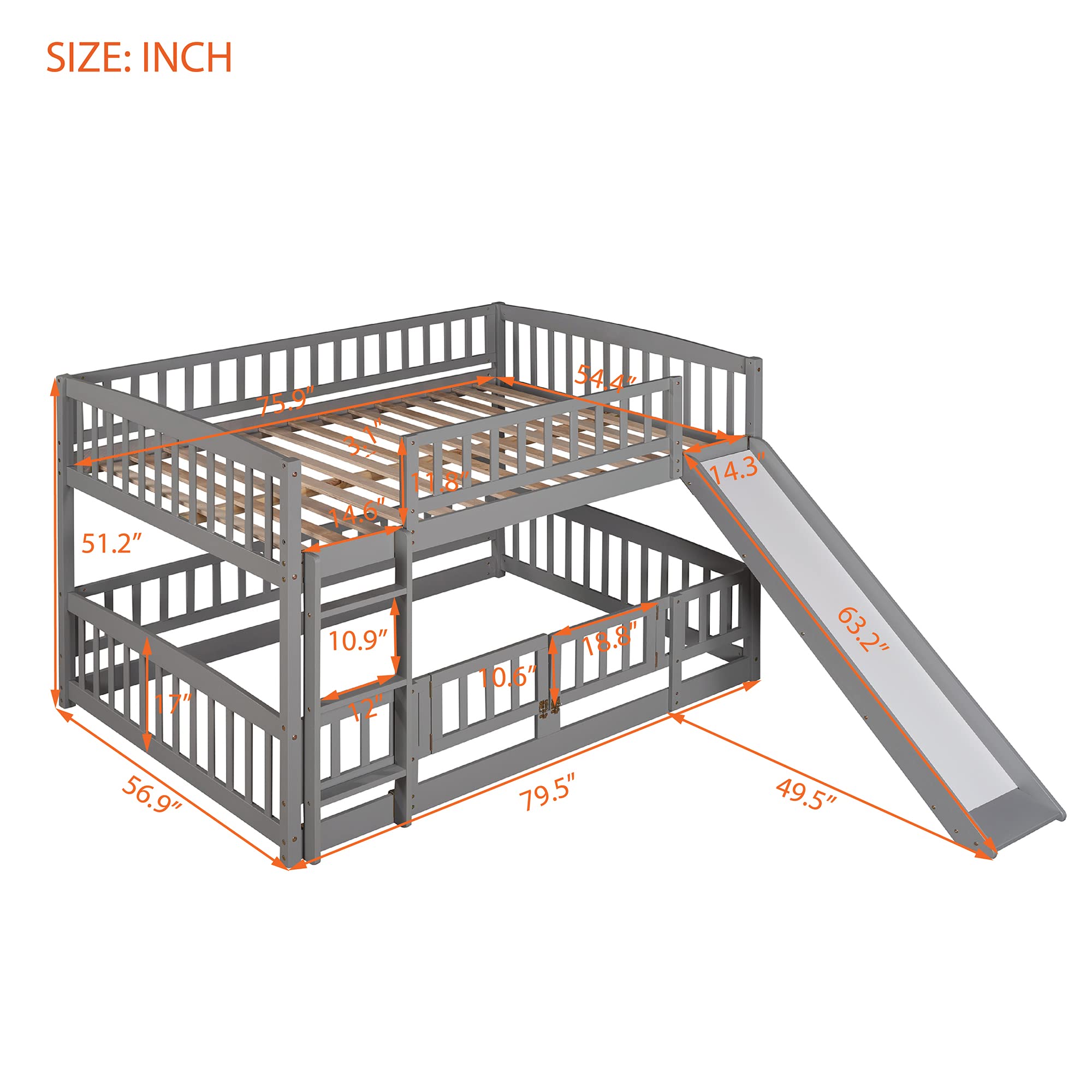 Lepfun Full Over Full Low Bunk Bed with Convertible Slide and Ladder for Kids, Bedroom, Wooden Bedframe w/Fence, Save Space, No Need Spring Box, Gray