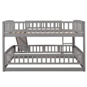 Lepfun Full Over Full Low Bunk Bed with Convertible Slide and Ladder for Kids, Bedroom, Wooden Bedframe w/Fence, Save Space, No Need Spring Box, Gray