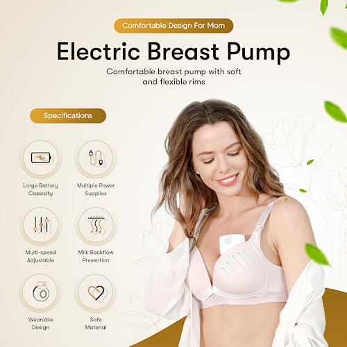 Wearable Breast Pump, Hands-Free Electric Breastfeeding Pump with 2 Pumping Modes & 9 Levels, Leak Proof with Anti-backflow Technology, Low Noise, 24mm Flexible Flange & Extra Inserts