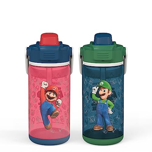 zak! Beacon Bottle Set of 2, Super Mario Bros. - 16 oz Each - Durable Plastic - Silicone Spout & Leak-Proof Lid - Dishwasher Safe