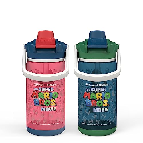 zak! Beacon Bottle Set of 2, Super Mario Bros. - 16 oz Each - Durable Plastic - Silicone Spout & Leak-Proof Lid - Dishwasher Safe