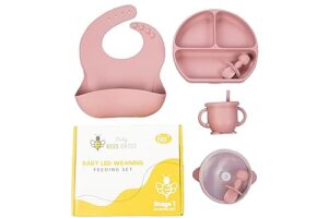 babybeesknees baby led weaning supplies-complete starter set-silicone feeding set-suction bowl space saving suction plate self feeding spoons-easy to use solid food eating set 6+months (dusty rose)