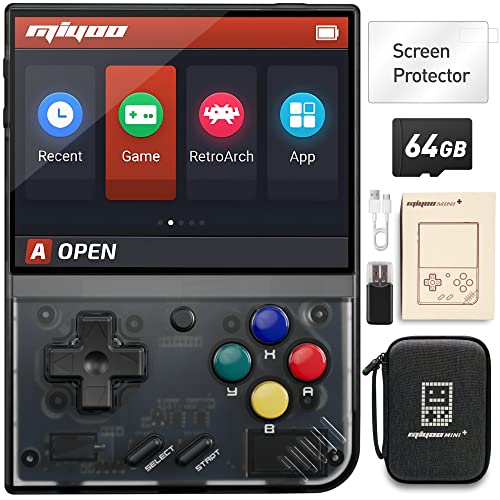 Miyoo Mini Plus Handheld Game Console, with Dedicated Storage Case, 3.5 Inch IPS 640x480 Screen, 64G TF Card with 10,000+ Games, 3000mAh 7+Hours Battery, Support Wireless Network (Black 64G+Case)