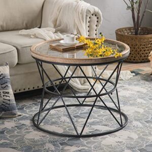 dakvo solid round wood coffee table, round coffee tables living room vintage carved, tempered glass panel with wrought iron base bracket, 25.98w x 20.27h in