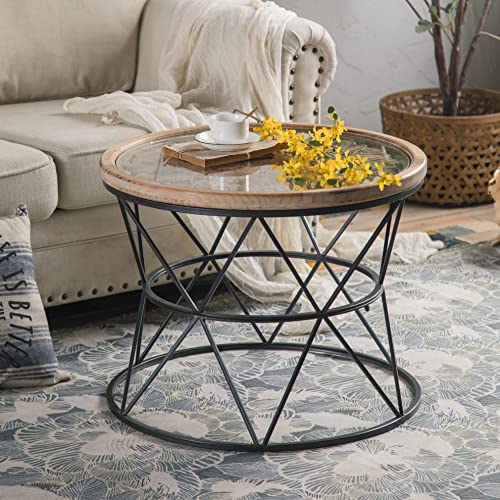 DAKVO Solid Round Wood Coffee Table, Round Coffee Tables Living Room Vintage Carved, Tempered Glass Panel with Wrought Iron Base Bracket, 25.98W X 20.27H in