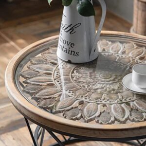 DAKVO Solid Round Wood Coffee Table, Round Coffee Tables Living Room Vintage Carved, Tempered Glass Panel with Wrought Iron Base Bracket, 25.98W X 20.27H in