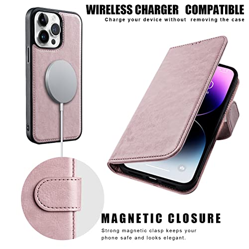 DorisMax iPhone 14 Pro Max Wallet Case,Detachable Flip Folio Cover RFID Blocking 4 Card Slots Holder Premium PU Leather Magnetic Kickstand Protective Phone Case for iPhone 14 Pro Max 6.7" Pink