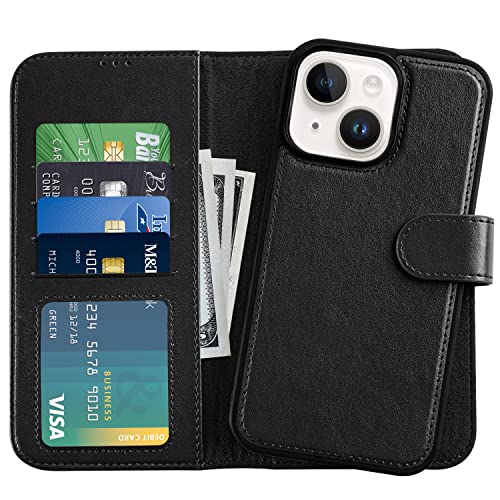 DorisMax iPhone 14 Wallet Case,Detachable Flip Folio Cover RFID Blocking 4 Card Slots Holder Premium PU Leather Magnetic Kickstand Shockproof Protective Phone Case for iPhone 14 6.1" Black Color