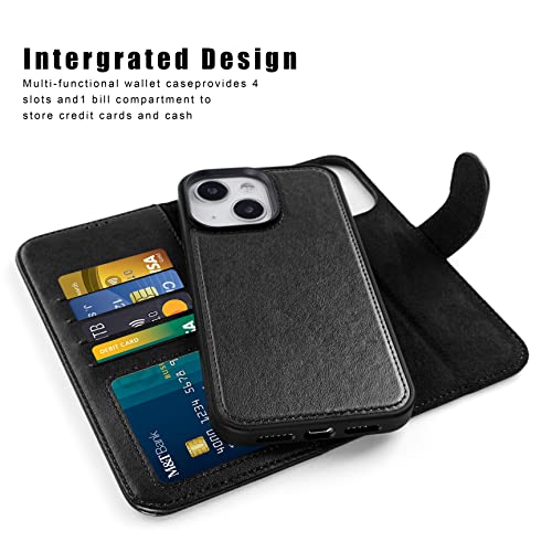 DorisMax iPhone 14 Wallet Case,Detachable Flip Folio Cover RFID Blocking 4 Card Slots Holder Premium PU Leather Magnetic Kickstand Shockproof Protective Phone Case for iPhone 14 6.1" Black Color