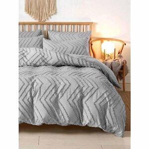 nanko light grey duvet cover queen size, 3pc gray boho tufted microfiber bedding comforter cover set, all season aesthetic shabby chic soft embroidery textured geometric quilt cover 90x90 inches