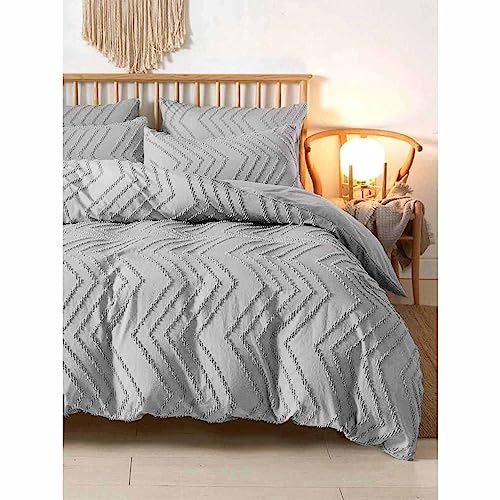 Nanko Light Grey Duvet Cover Queen Size, 3pc Gray Boho Tufted Microfiber Bedding Comforter Cover Set, All Season Aesthetic Shabby Chic Soft Embroidery Textured Geometric Quilt Cover 90x90 inches