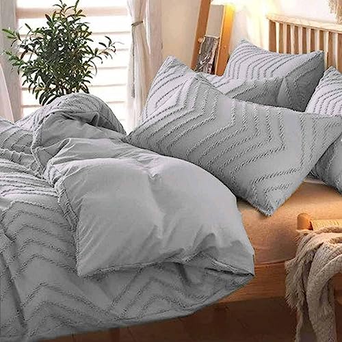 Nanko Light Grey Duvet Cover Queen Size, 3pc Gray Boho Tufted Microfiber Bedding Comforter Cover Set, All Season Aesthetic Shabby Chic Soft Embroidery Textured Geometric Quilt Cover 90x90 inches