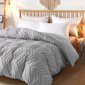 Nanko Light Grey Duvet Cover Queen Size, 3pc Gray Boho Tufted Microfiber Bedding Comforter Cover Set, All Season Aesthetic Shabby Chic Soft Embroidery Textured Geometric Quilt Cover 90x90 inches